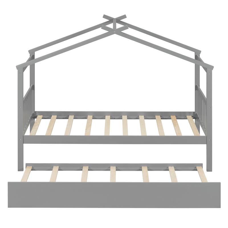 Solid Wood House Platform Bed Frame with Trundle Bed and Roof