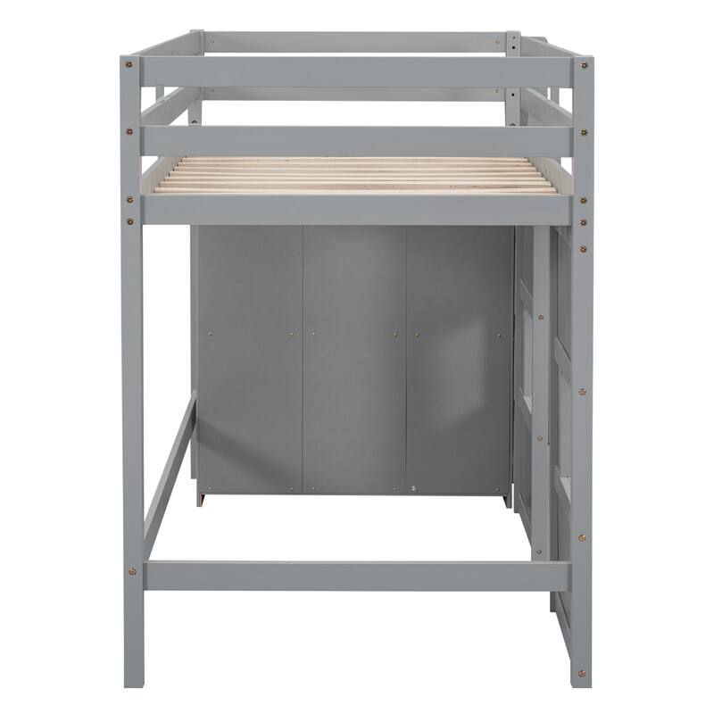 Wood Twin Size Loft Bed with Built-in Storage Wardrobe and 2 Windows