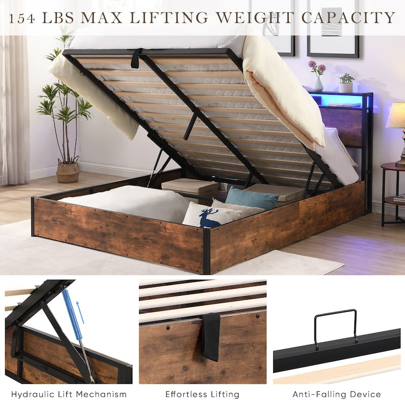 Full Size Gas Lift Storage Bed with Bookcase Headboard, LED Lighting & Charging Station, Frame with USB Ports