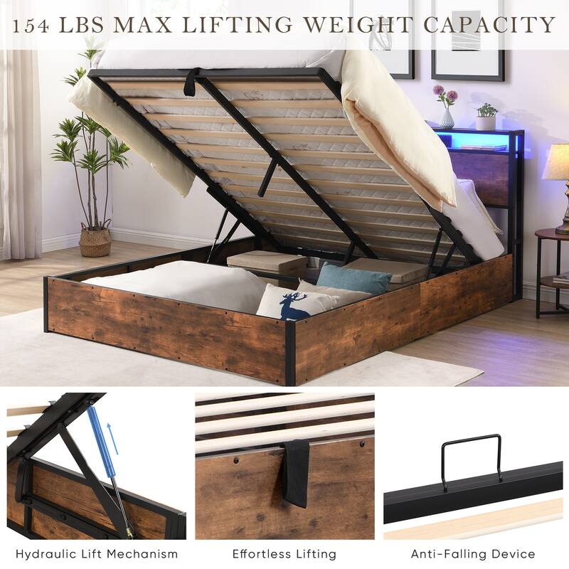Full Size Lift-Up Storage Bed Frame with Bookcase Headboard, LED Lights, and Charging Station