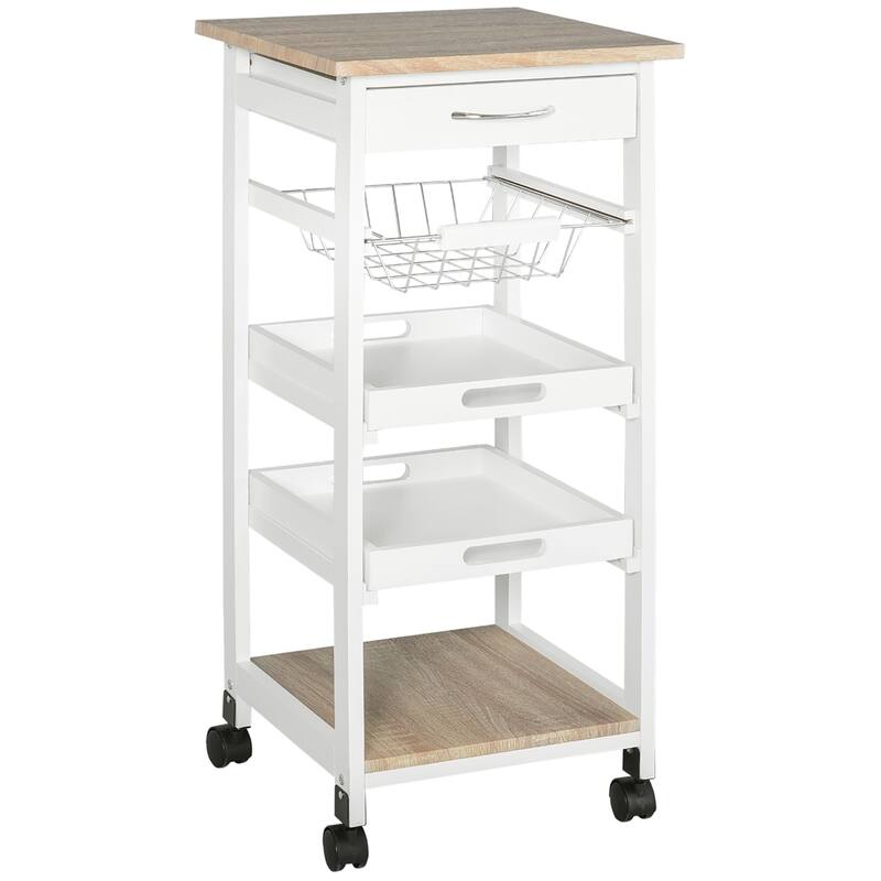 Mobile Kitchen Cart, Rolling Kitchen Island with Storage, Solid Wood Frame Utility Cart with Wire Fruit Baskets, Trays - White