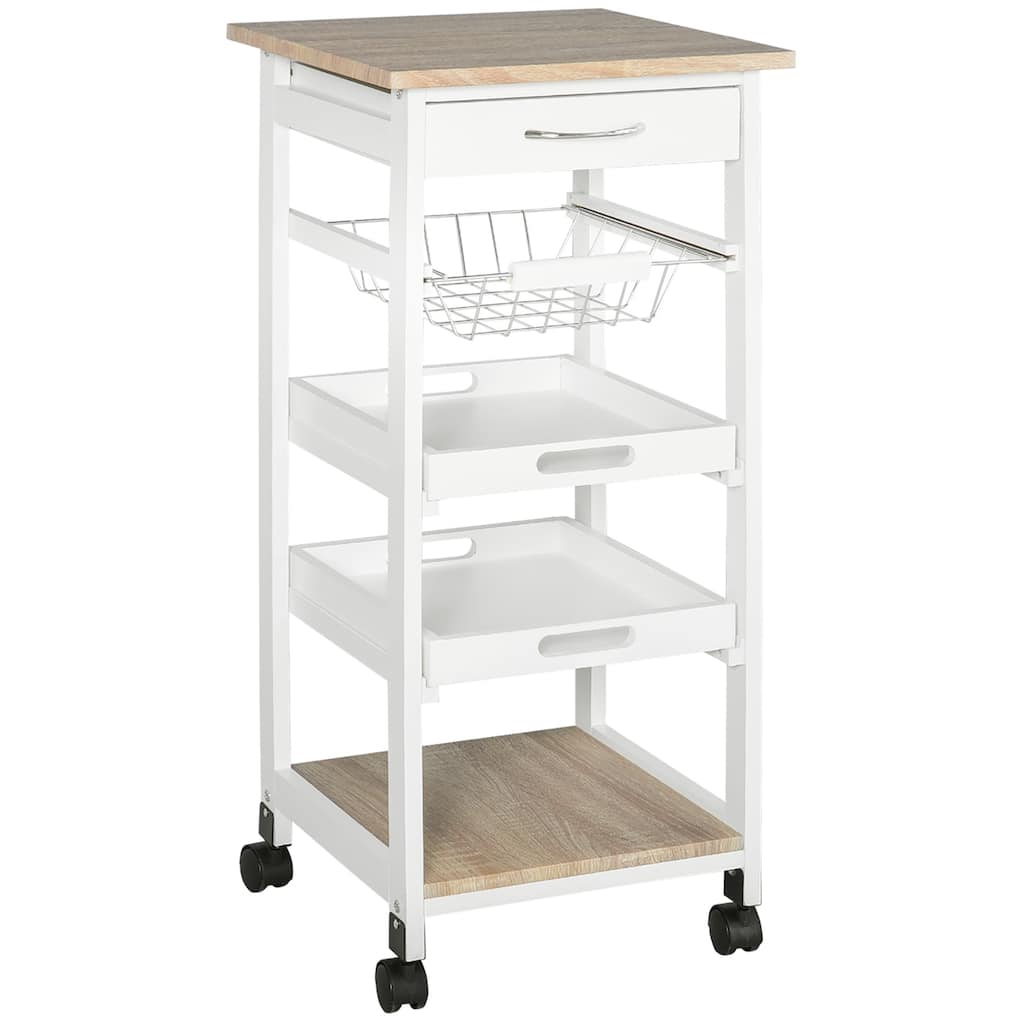 Mobile Kitchen Cart, Rolling Kitchen Island with Storage, Solid Wood Frame Utility Cart with Wire Fruit Baskets, Trays