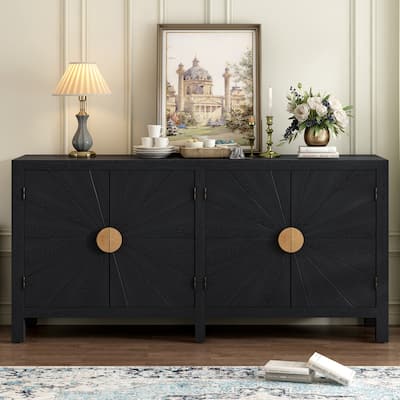 Unique Radiating Line Pattern Sideboard Buffet Cabinet with Round Door Handle, 4 Doors Storage Cabinet Console Table