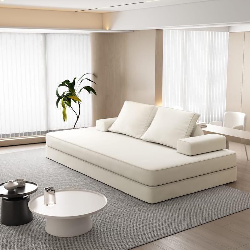 86.6" Convertible Loveseat Sofa Bed with Removable Backrests, Chenille Fabric Sleeper Sofa, Chaise Lounge, Floor Folding Couch - Beige