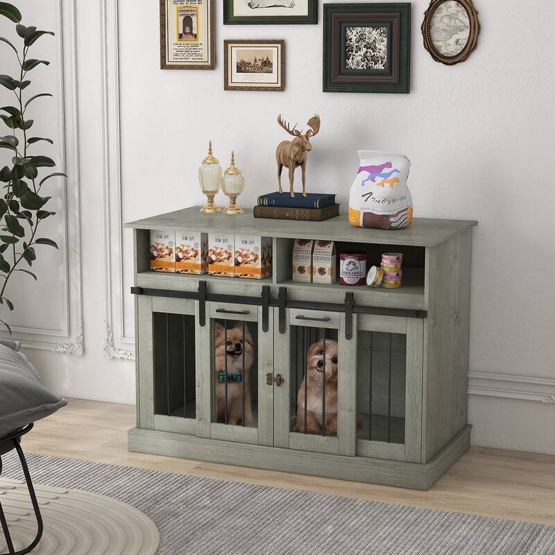 PawHut Dog Crate Furniture for Large Dogs or Double Dog Kennel for Small Dogs with Shelves, Sliding Doors - Gray