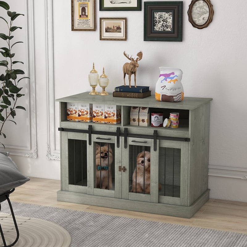 Wood Grain Dog Crate End Table Dog House with Adjustable Shelf and Safety Latch Dog Kennel Dog Room for Living Room