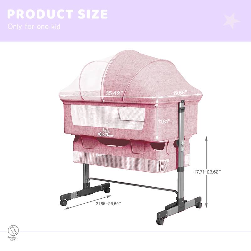 Adjustable Height Baby Bedside Sleeper Crib with Removable Mosquito Net Cover and Wheels