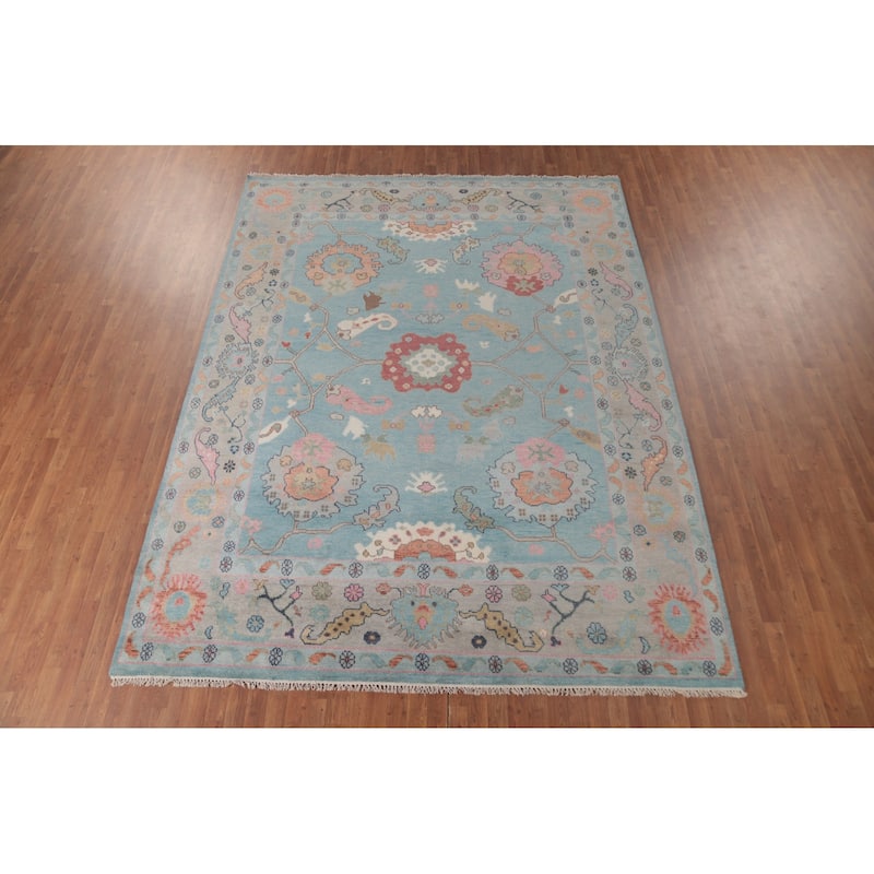 Light Blue Floral Oushak Oriental Area Rug Hand-Knotted Wool Carpet - 8'11" x 11'8"