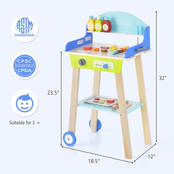 Kid's Pretend Barbecue Grill Play Toy BBQ Grill Set w/ Smooth Wheels
