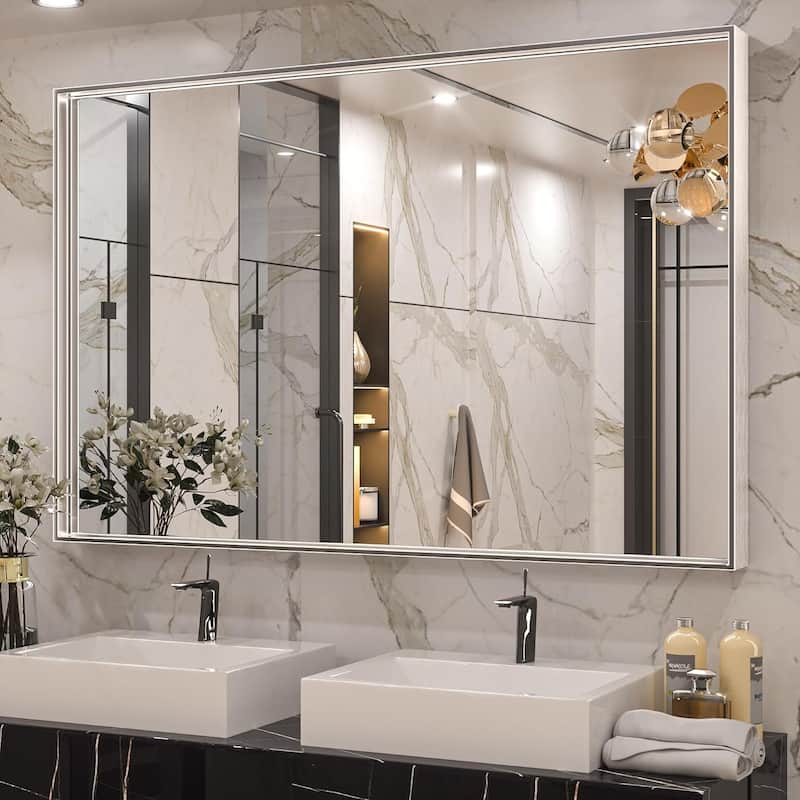 KEONJINN Modern Metal Framed Bathroom Vanity Wall Mounted Mirror - 55x36 - Silver