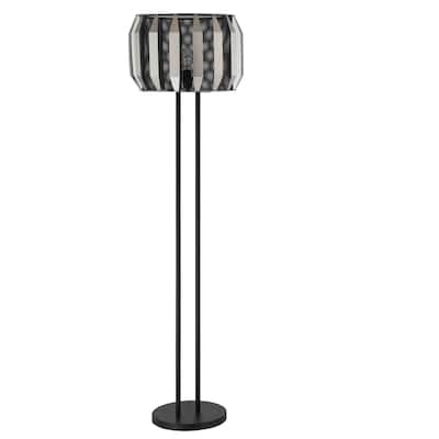 Pin 59 Inch Floor Lamp, Drum Shade, Metal Base, Accent Round Base, Black.
