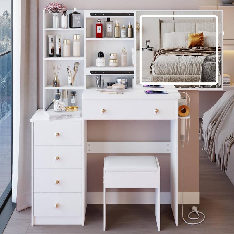 Vanity Table with Control LED Sliding Mirror, Dressing Table Set with USB Power Station, Makeup Stool with Hair Dryer Stand - White