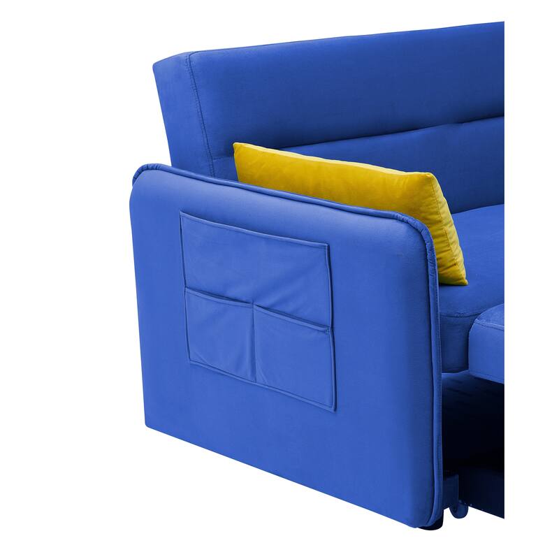 Blue Velvet Pull Out Sleep Sofa Bed, Futon Sleeper Bed w/ 2 Pillows