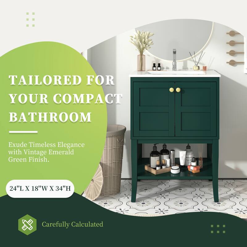 24'' Bathroom Vanity with Top Sink, Modern Bathroom Storage Cabinet with 2 Doors, Single Sink Bathroom Vanity,Green