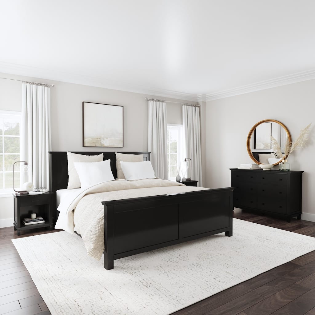 Homestyles 4-Piece Oak Park Black Wood King Bed, Two Nightstands and Dresser Set