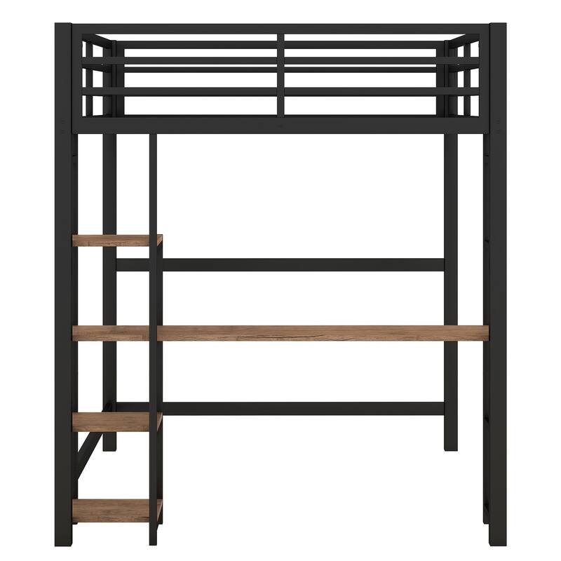 Full Size Black Metal Loft Bed with Built-in Desk and Storage Shelves