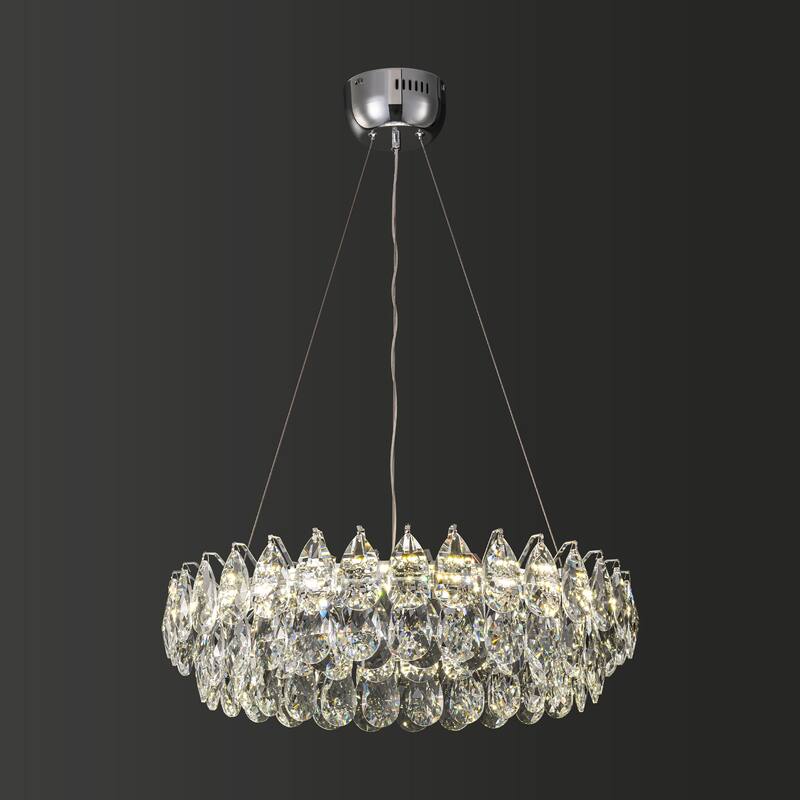 Modern Glam Chrome Round Crystal LED Chandelier for Dining Room - 23.6 in. W x 86.6 in. H