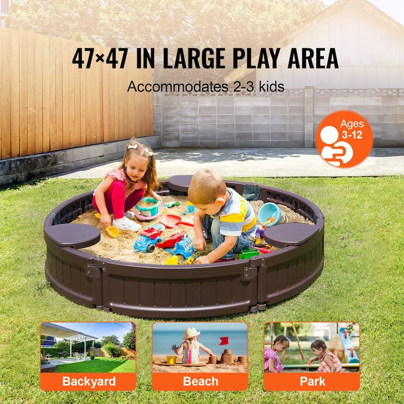 Brown HDPE Round Sandbox with 3 Corner Seating and Bottom Liner Perfect Gift for Kids - 47.2” x 47.2” x 9.1”