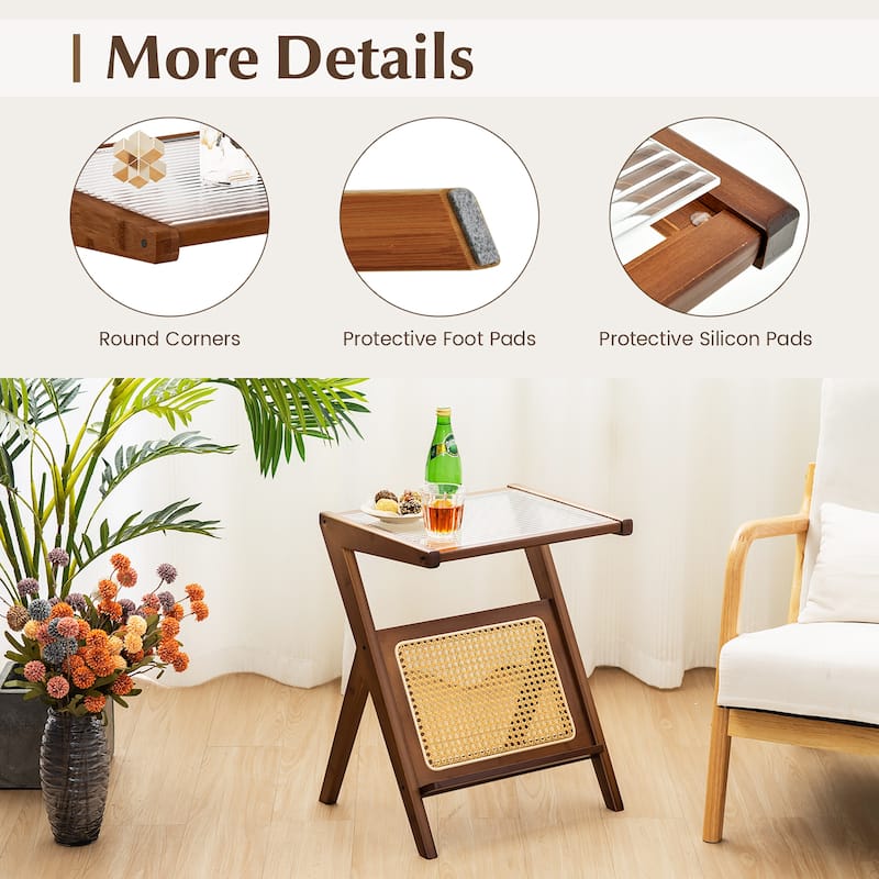 Gymax 2 Pieces Boho End Table with Magazine Rack Versatile Bamboo