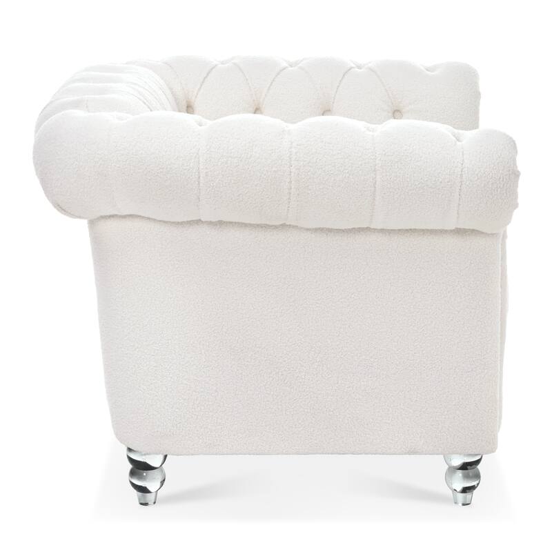 White Teddy Modern 38.98" Upholstered Buttons Tufted Accent Chair with Gourd Shaped Birch Legs and Nailheads