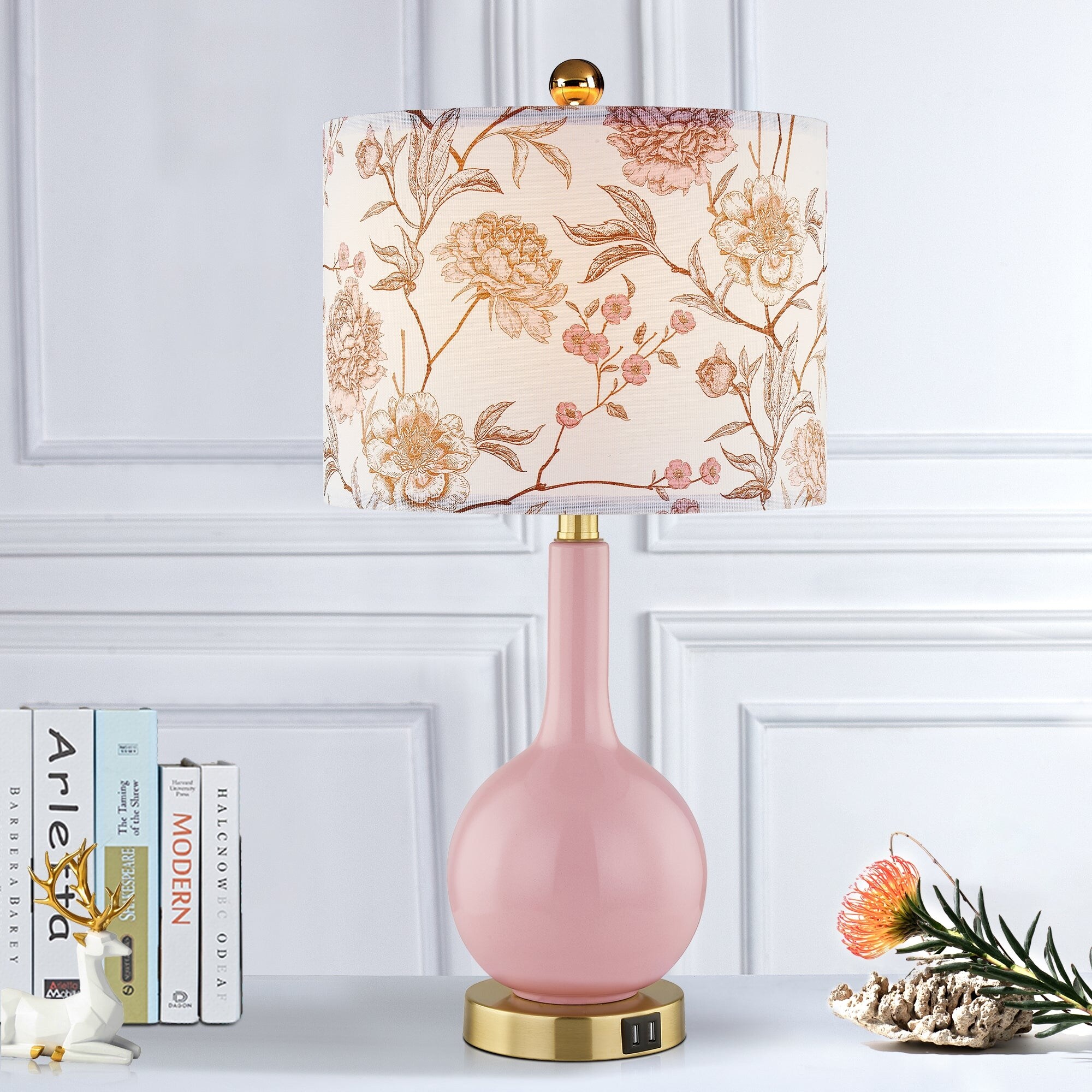 Cinkeda Pink Ceramic Table Lamp with USB Ports Floral Shade 3 Way Dimmable Touch Control Single Nightstand Lamp 24 Modern Gold Bedside Lamps for