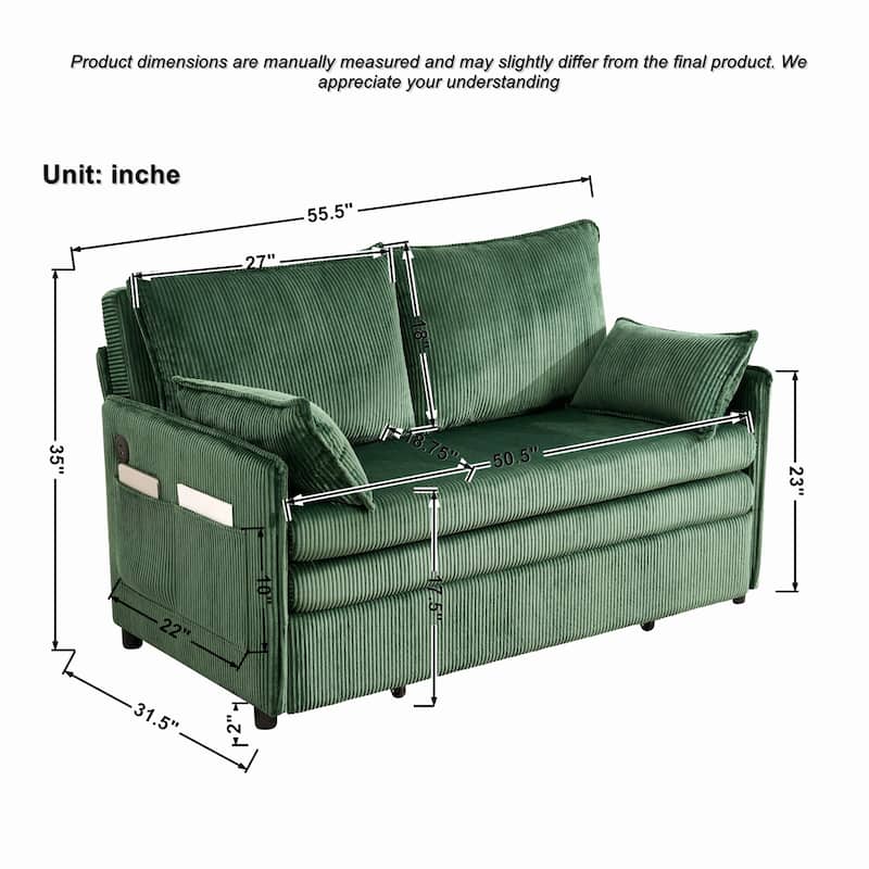 Roomfitters 55" Modern Corduroy Sofa Bed with Pull-out Sleeper Design, Modular Daybed with Storage Pocket & Pillows