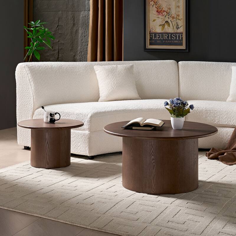 Round Nesting Coffee Tables Set of 2, Modern Center Table with Wood Grain Finish, End Table Side Tables for Living Room