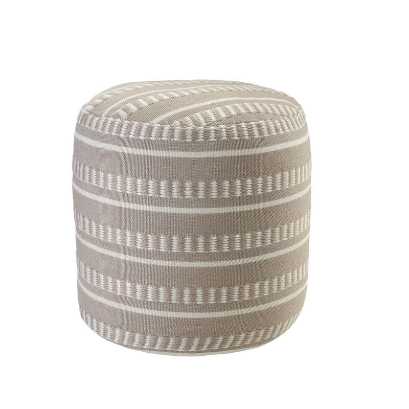 20" Taupe and White Striped Round Outdoor Patio Pouf Ottoman