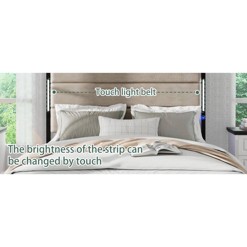 Roomfitters Queen Bed Frame with Upholstered Headboard, Charging Station, Light Bar Headboard, Wood Slats, Brown