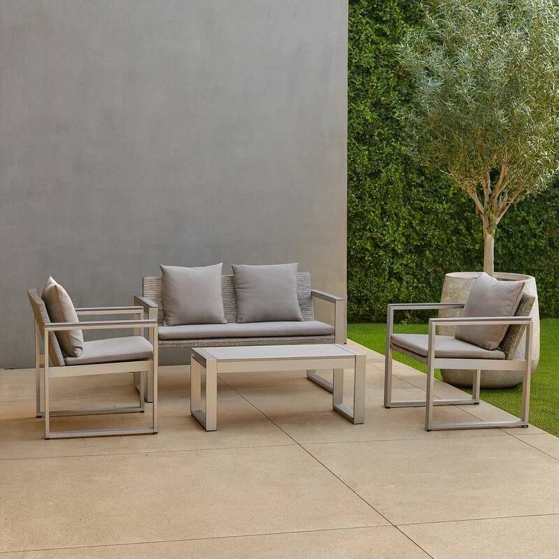 Lark 4 Piece Outdoor Sofa Set, All Weather Rattan, Gray Fabric Cushions