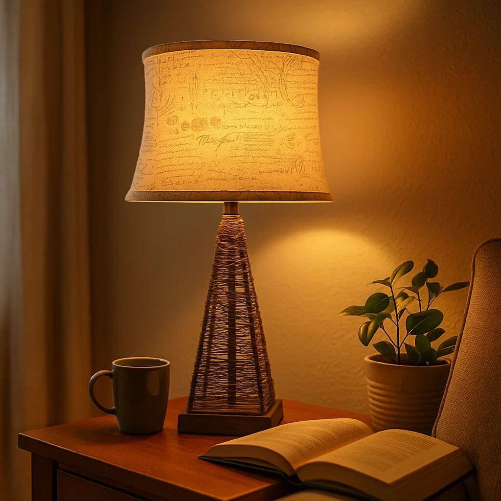 Metal Pyramid Base Table Lamp Set of 2 with Wire Design and Scripted Shade, Gray