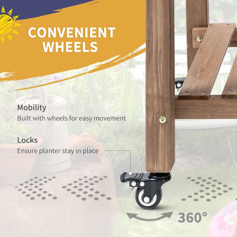 Outsunny 49'' x 21'' x 34'' Raised Garden Bed w/ 8 Grow Grids, Outdoor Wood Plant Stand w/ Storage Shelf and Lockable Wheels