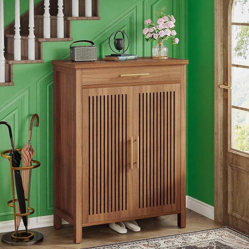 Modern Shoe Storage Cabinet with 5 Removable Shelves and Large Drawer for Entryway Use - 31.5”L x 14.17”W x 42.91”H