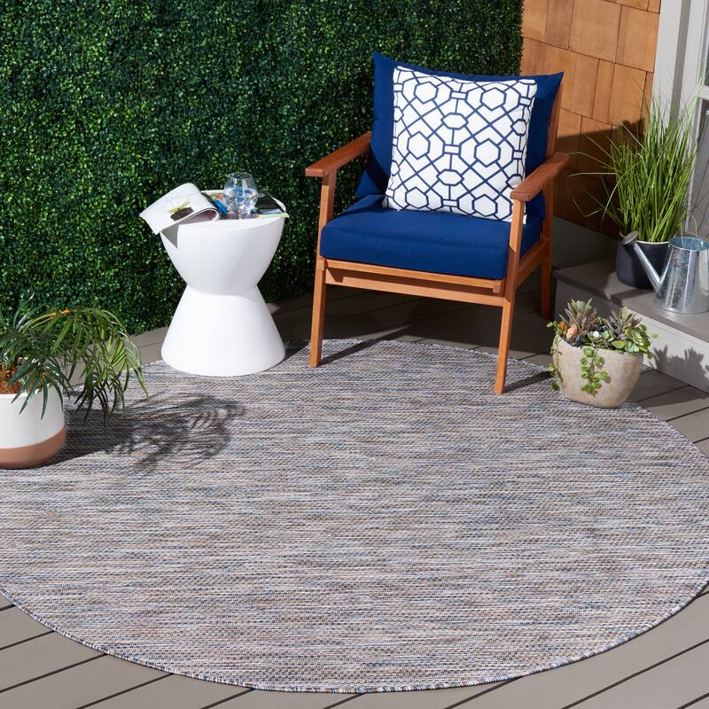 SAFAVIEH Courtyard Golupka Transitional Indoor/Outdoor Rug - 6'7" Round - Ivory Blue/Beige