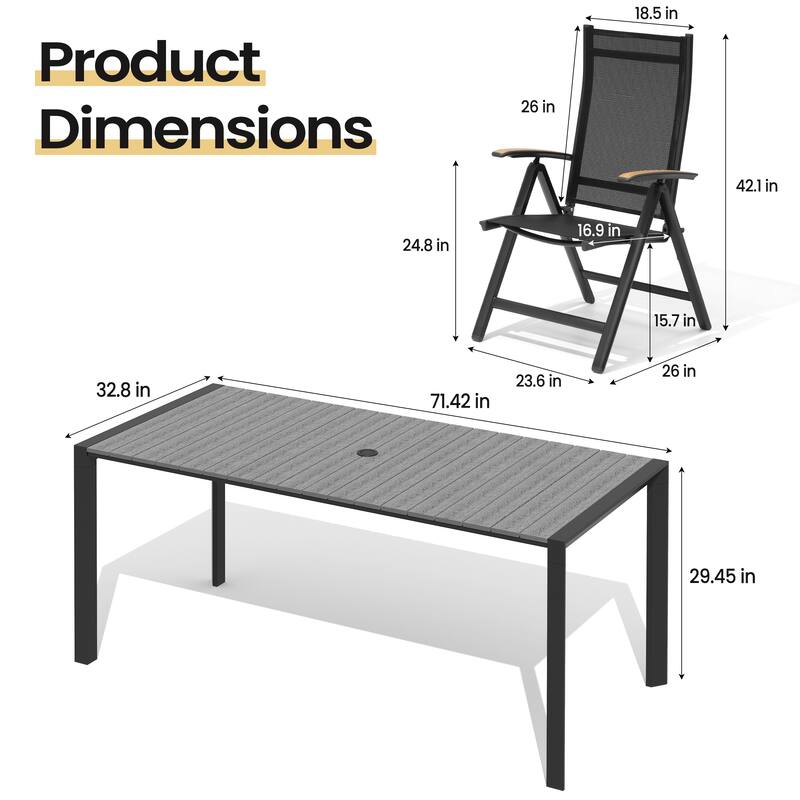 7-Piece Outdoor Patio Dining Set Wood Like Table Top Aluminum Rectangular Umbrella Hole Table with Folding Armrest Chairs