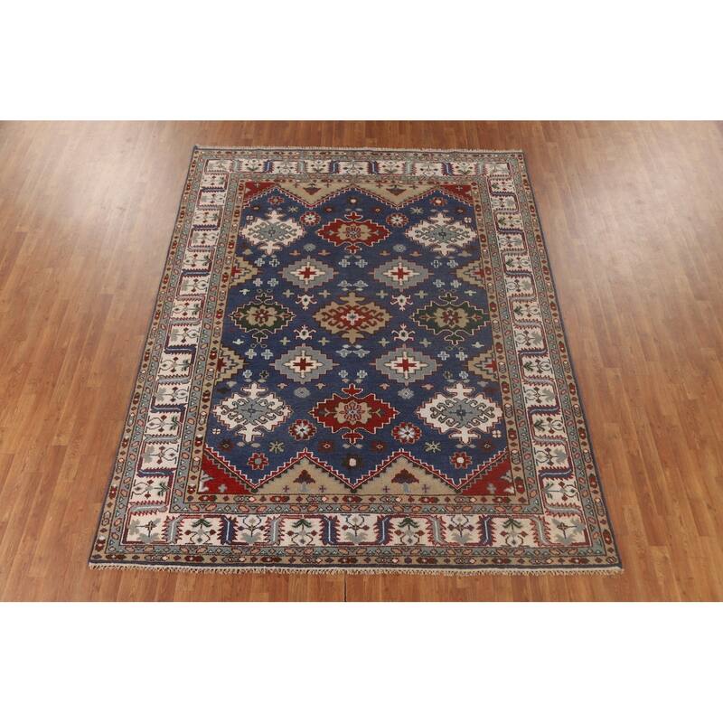Blue Geometric Kazak Oriental Area Rug Handmade Wool Carpet - 7'10" x 9'9"