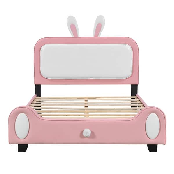 slide 2 of 8, Full Princess Bed with Rabbit-Style Headboard and Footboard White+Pink