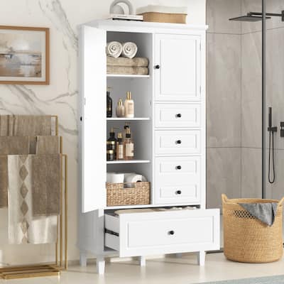 Tall and Wide Storage Cabinet with Doors, Four Drawers of Different Sizes, Adjustable Shelves