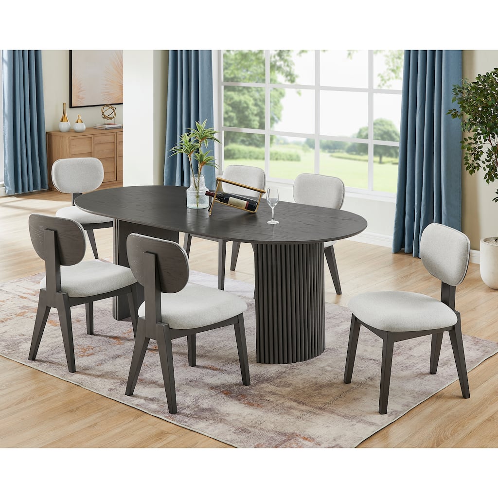 Valencia 7-Piece 80" Oval Gray Oak Finish Dining Set with Dual Pedestal Base & Light Gray Fabric Upholstered Chairs