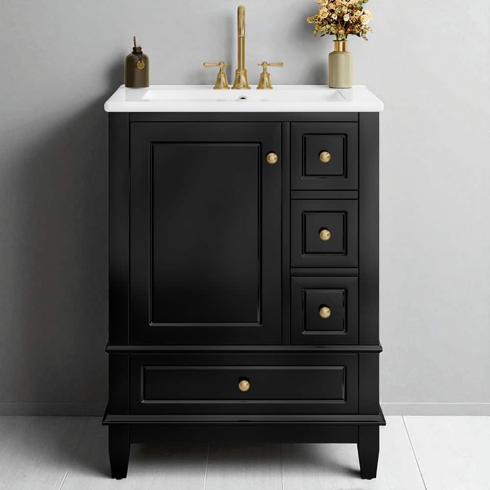 24" Bathroom Vanity with Sink, Freestanding Cabinet with Drawers and Shelves, Ceramic Top, MDF and Solid Wood