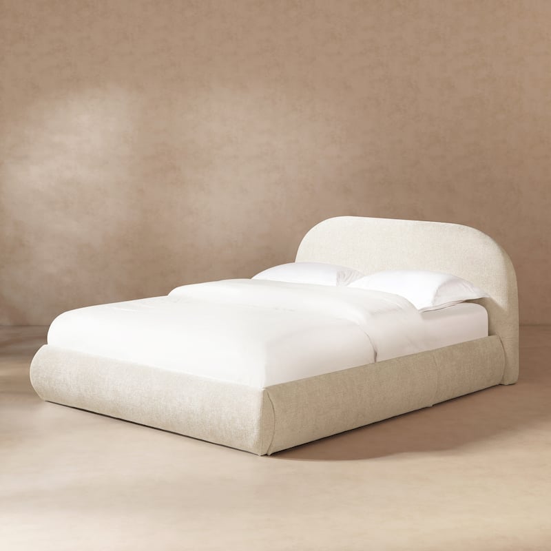 Archie Mid-Century Modern Velvet Upholstered Arched Platform Bed - Oatmeal Light Beige Chenille - Queen