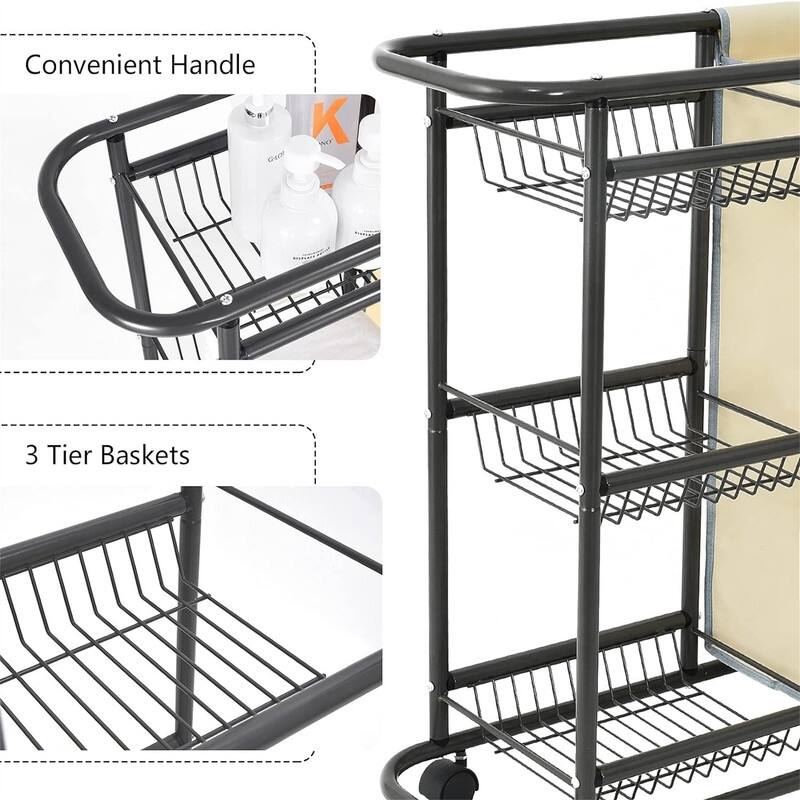 Laundry Sorter Cart Movable Bathroom Organizer - 27.7"D x 10.6"W x 29.5"H