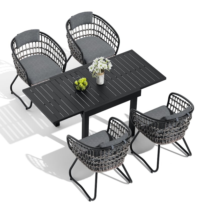5/7/11-Piece Set Outdoor Aluminum Extendable Patio Dining Table Set with Rattan Chairs