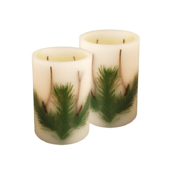 Set of 2 White Christmas Pine Needle Battery Operated LED Flameless Pillar Candles 6" - N/A