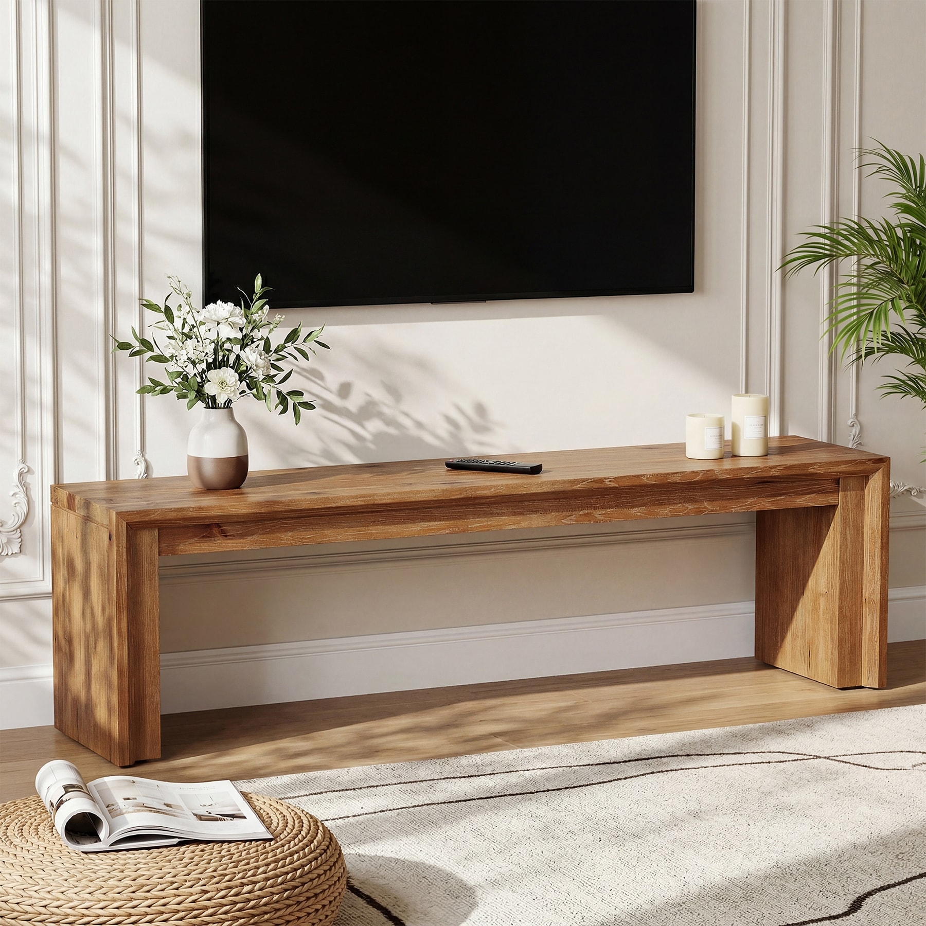 63" Solid Wood TV Stand for 65 Inch TV, Farmhouse Entertainment Center, Low Media Console for Living Room, Bedroom