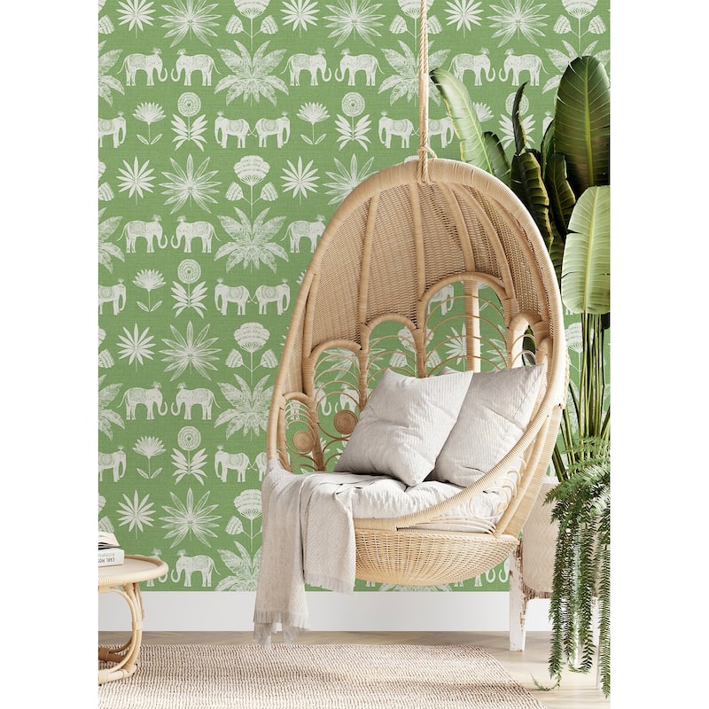 A-Street Prints Bazaar Green Elephant Oasis Wallpaper