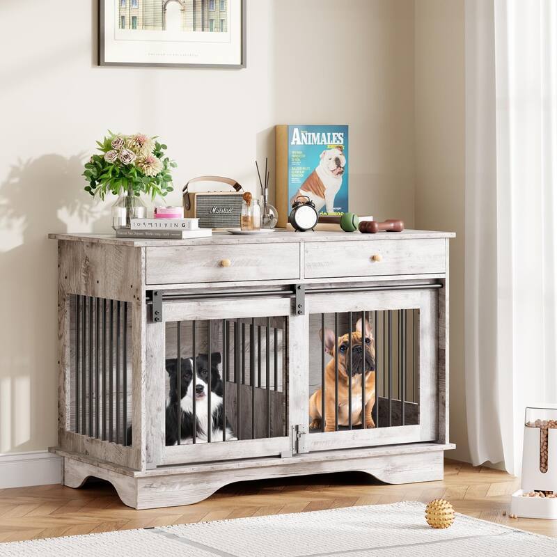 47" Dog Crate Furniture,Dog Crate Table with Drawers & Divider - Grey_1pack
