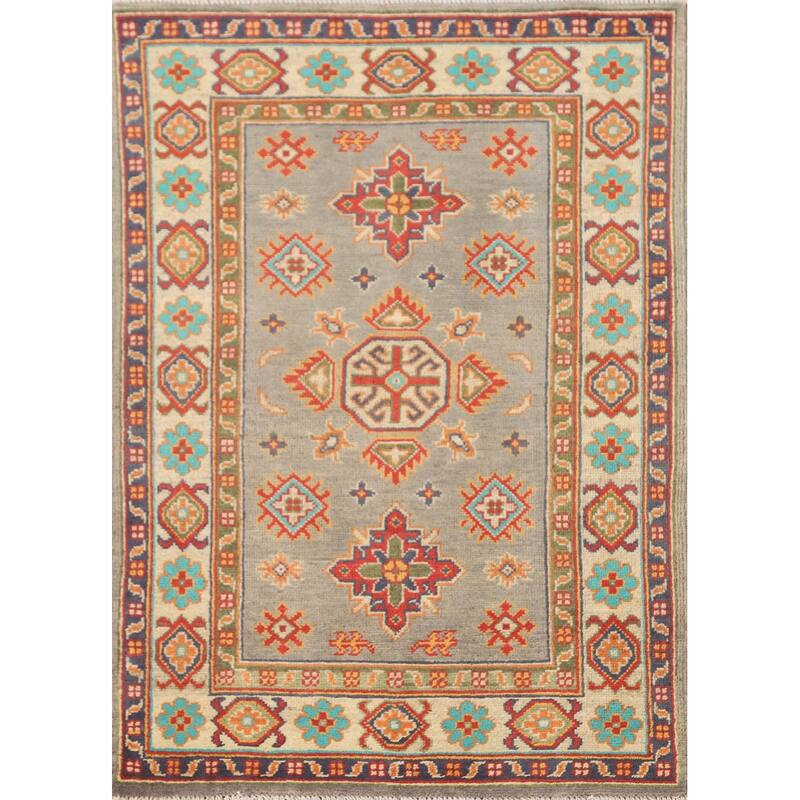 Geometric Kazak Foyer Rug Handmade Grey Wool Carpet - 2'8" x 4'0"