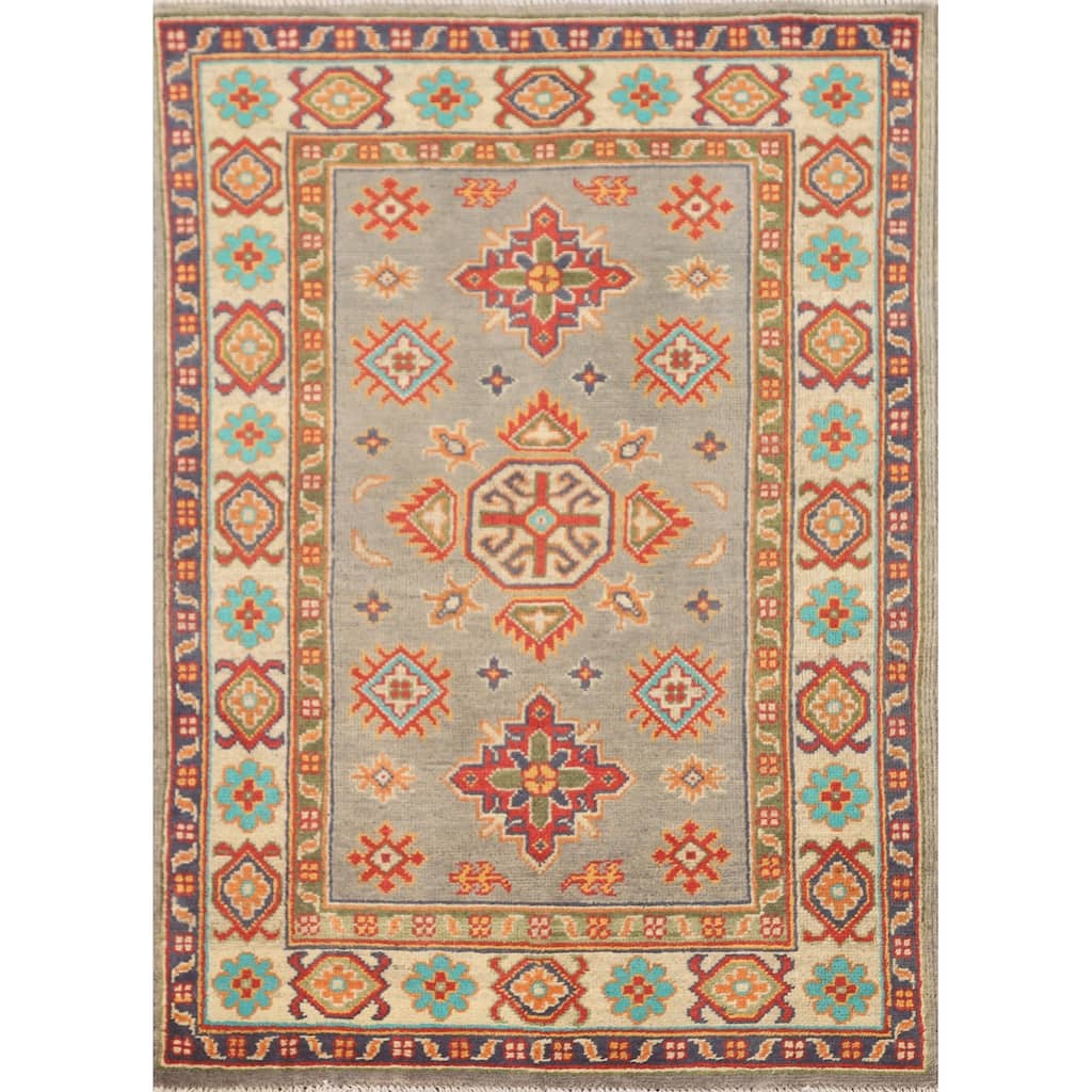 Geometric Kazak Foyer Rug Handmade Grey Wool Carpet - 2'8" x 4'0"