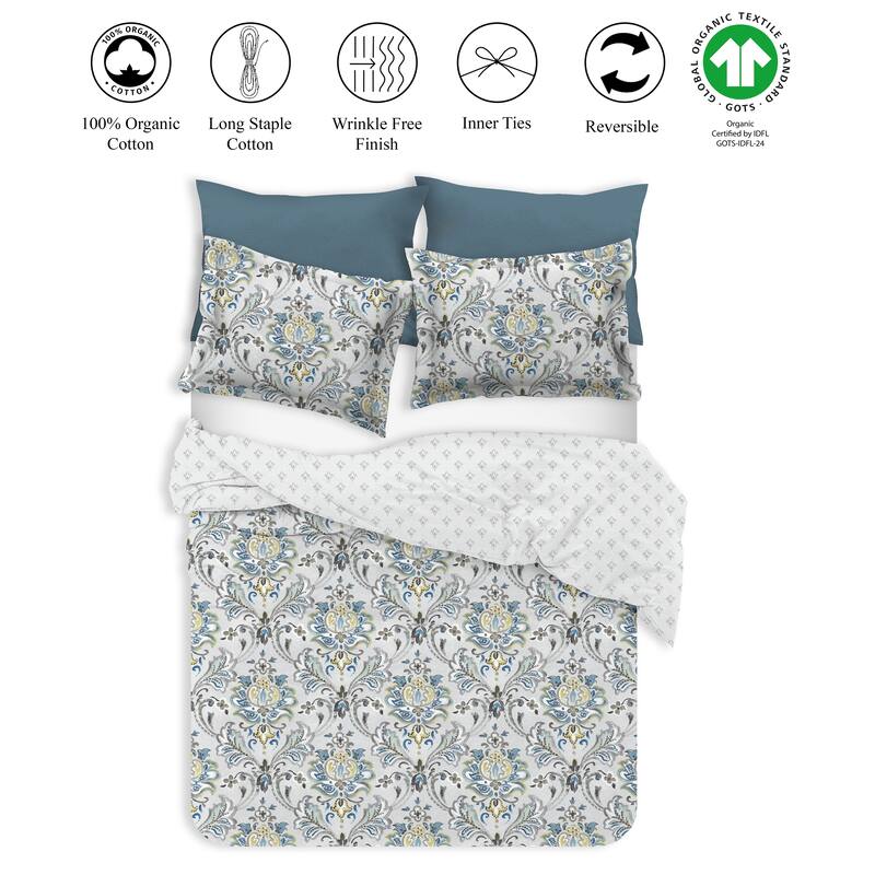 Delara GOTS Certified 100% Organic Cotton Damask Reversible Print Duvet Cover and Sham Set of 2